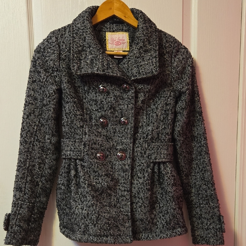 Pink Envelope Charcoal Tweed Double-Breasted Pea Coat